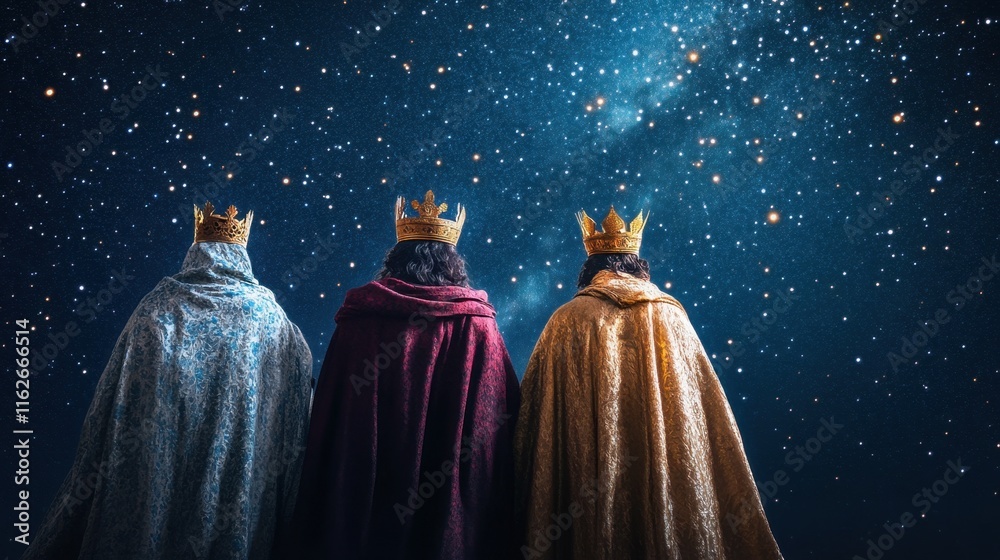 Naklejka premium Three Kings Gazing at Starry Night Sky with Majestic Crowns