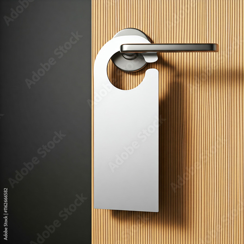 Paper silver blank door hanger on wooden door with metal silver handle. Door hanger mockup. Design template photo