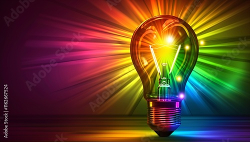 Brilliant! A vibrant lightbulb bursts with rainbow hues against a dark background, symbolizing innovation and creativity.