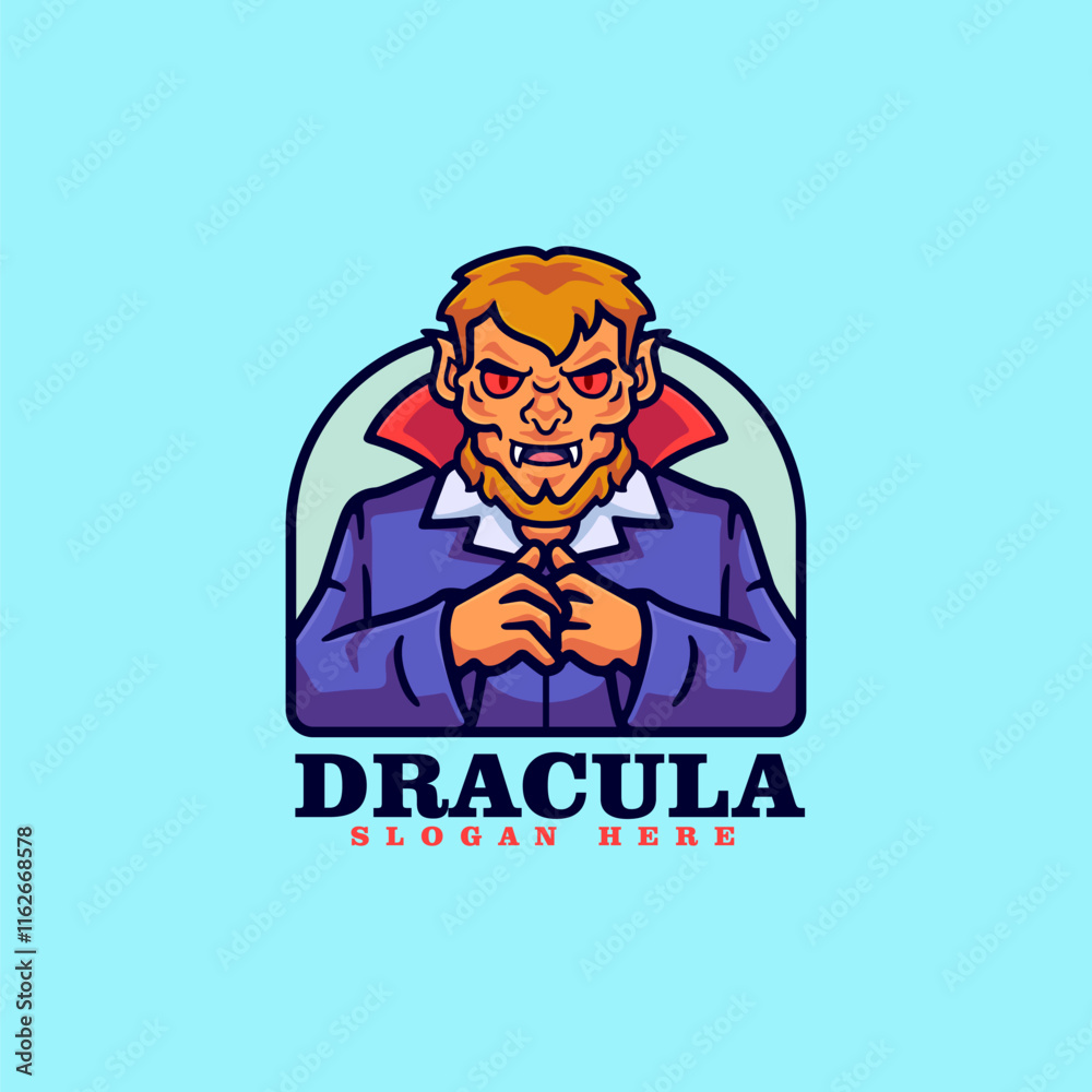 Vampire logo cartoon mascot character with a red cross on his face and wearing a blue shirt and a cape with designed to be scary and menacing Vampire logo cartoon mascot character with a red cross on his face and wearing a blue shirt and a cape with designed to be scary and menacing