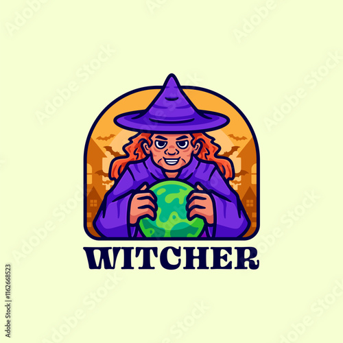 Witch logo mascot cartoon charcter holding a ball in her hand wearing a purple robe and has a purple hat