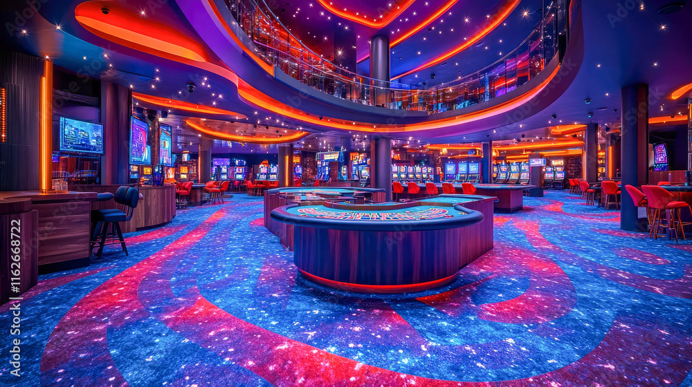 Obraz premium A vibrant casino interior with colorful lighting, gaming tables, slot machines, and modern decor, showcasing the excitement of nightlife entertainment
