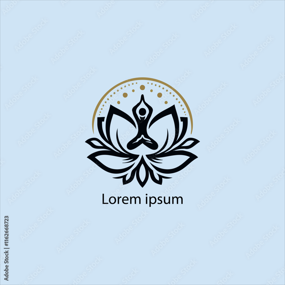 Design a minimalist logo featuring a serene figure in a meditative pose, seated on a stylized lotus flower Design a minimalist logo featuring a serene figure in a meditative pose, seated on a stylized lotus flower