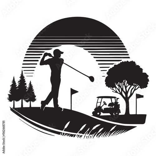 Golf Silhouette Vector Illustration, Solid White Background.