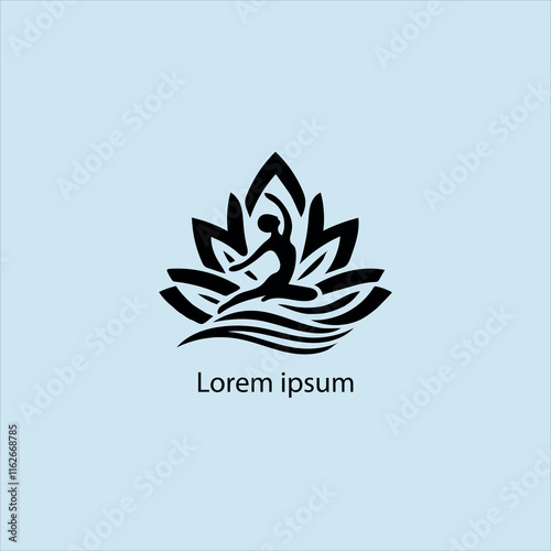 Design a minimalist logo featuring a serene figure in a meditative pose, seated on a stylized lotus flower