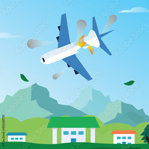 lane Crash in residential area. Plane Crashing vector illustration banner with Aeroplane divided into two parts and falling in residential area with houses. Aeroplane incident.