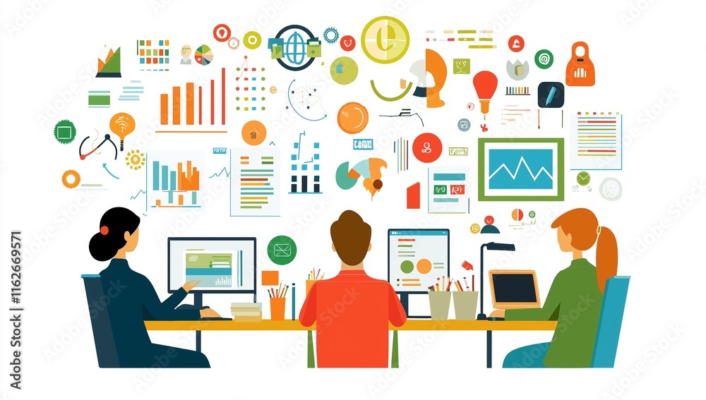 A flat vector illustration of three people working together in an office, surrounded by charts and graphs showing data analytics, with colorful icons representing different marketing services. A flat vector illustration of three people working together in an office, surrounded by charts and graphs showing data analytics, with colorful icons representing different marketing services.