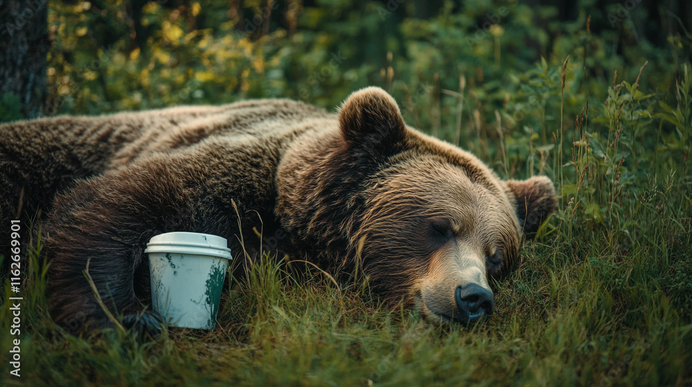 Fototapeta premium Relaxing bear napping in the forest with a food container nearby