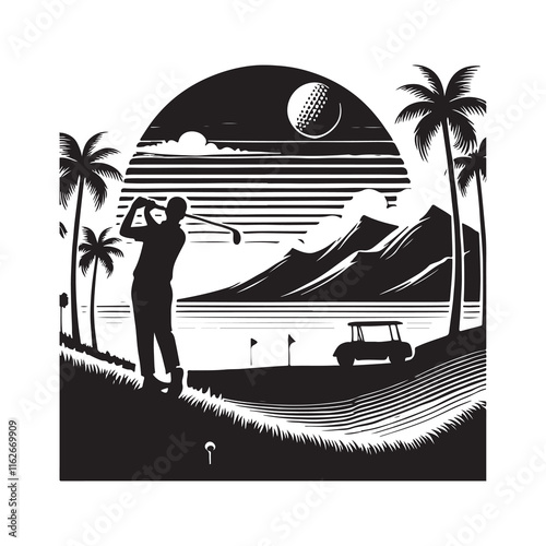 Golf Silhouette Vector Illustration, Solid White Background.