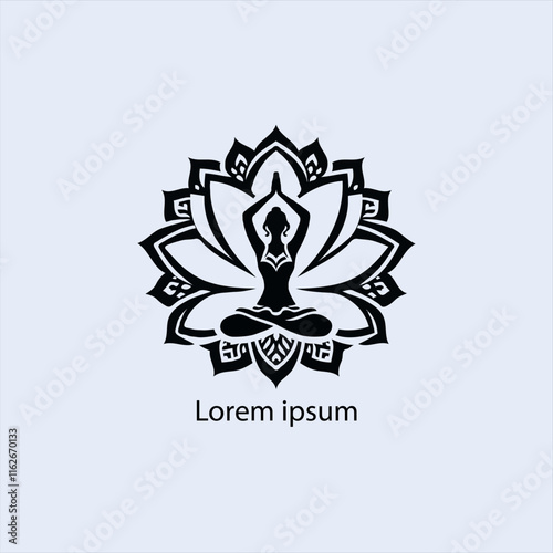 Design a minimalist logo featuring a serene figure in a meditative pose, seated on a stylized lotus flower