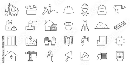 construction icon set. home, Construction tools, building, helmet and more. editable stroke thin outline icons.