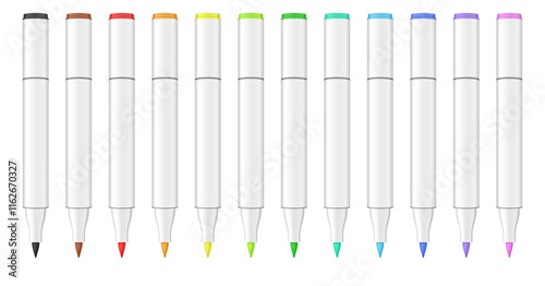 Set of multicolored dual tip markers. Rainbow palette. Coloring or sketching supplies. Water-based or alcohol marker pen. Brush tip