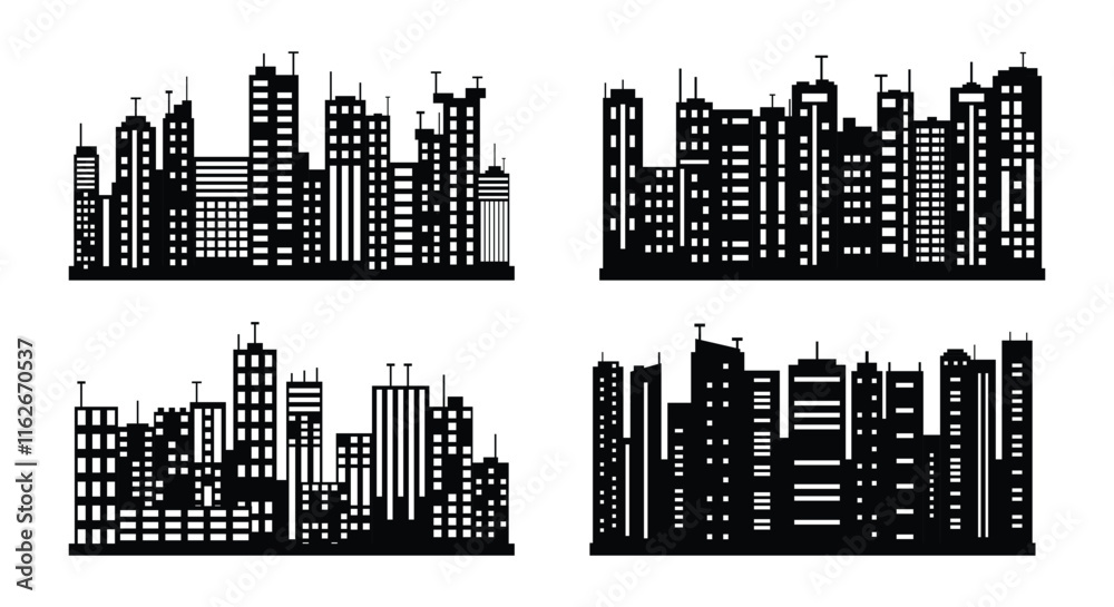Fototapeta premium set of City silhouette in flat style. Modern urban landscape. Vector illustration. City skyscrapers building office skyline on white background
