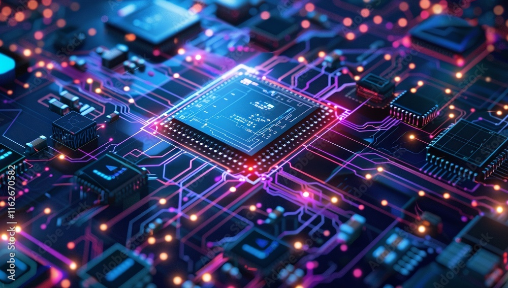Close-up view of a circuit board's intricate design, showcasing the central processing unit and its complex network of connections. The vibrant purple and blue hues create a striking visual. Close-up view of a circuit board's intricate design, showcasing the central processing unit and its complex network of connections. The vibrant purple and blue hues create a striking visual.