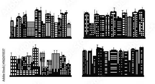 set of City silhouette in flat style. Modern urban landscape. Vector illustration. City skyscrapers building office skyline on white background
