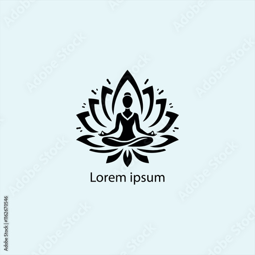 Design a minimalist logo featuring a serene figure in a meditative pose, seated on a stylized lotus flower