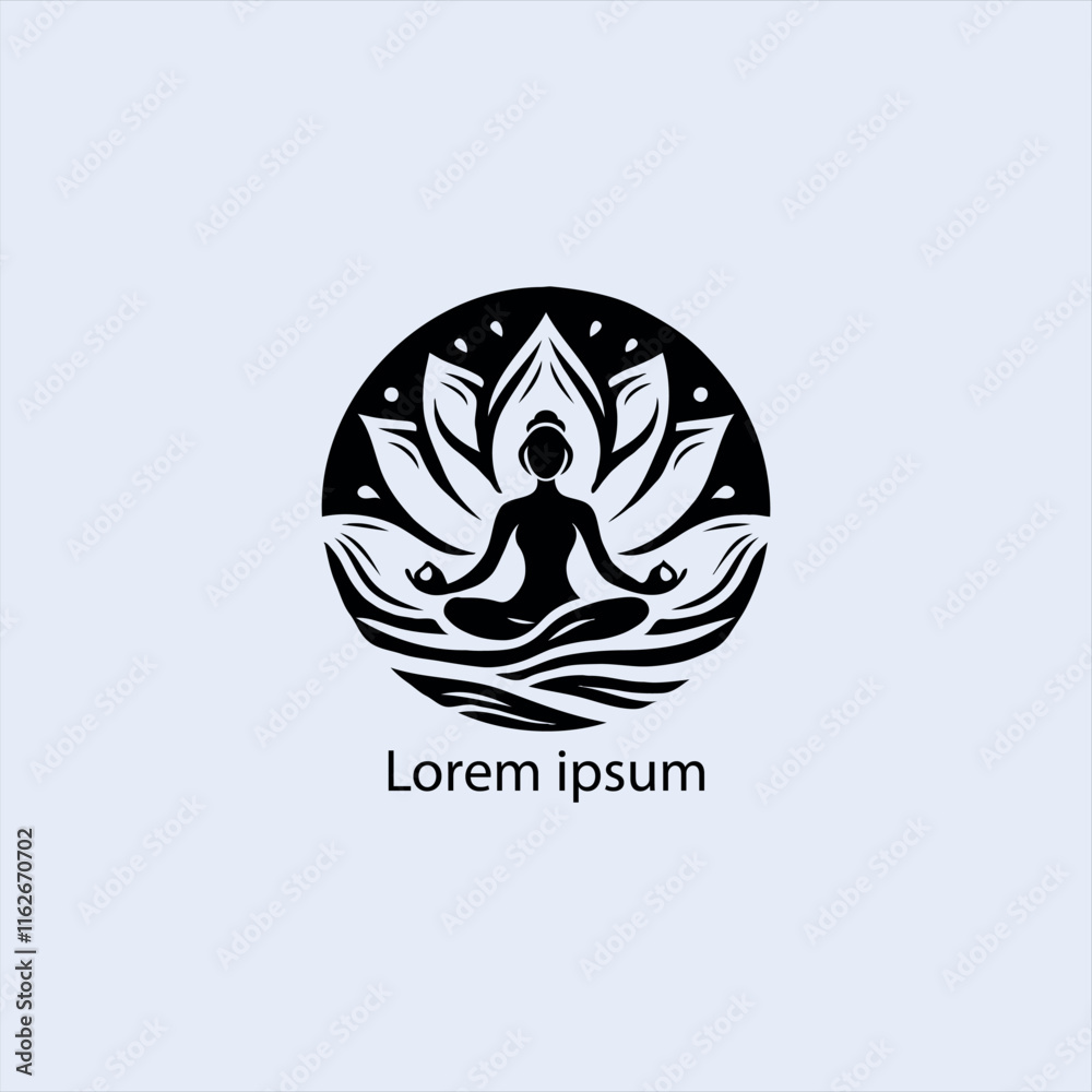 Design a minimalist logo featuring a serene figure in a meditative pose, seated on a stylized lotus flower Design a minimalist logo featuring a serene figure in a meditative pose, seated on a stylized lotus flower