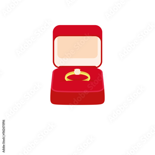 Red box with wedding ring isolated on white background. Flat style. Vector.