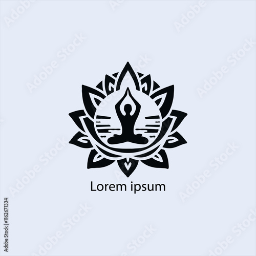 Design a minimalist logo featuring a serene figure in a meditative pose, seated on a stylized lotus flower