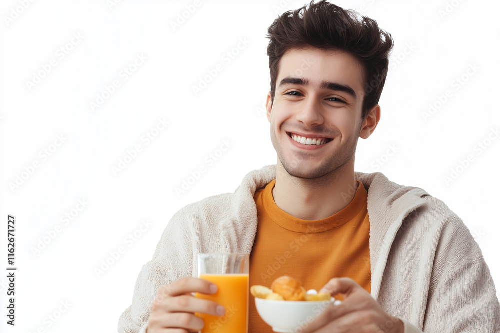 Young handsome man over isolated white background having breakfast Young handsome man over isolated white background having breakfast