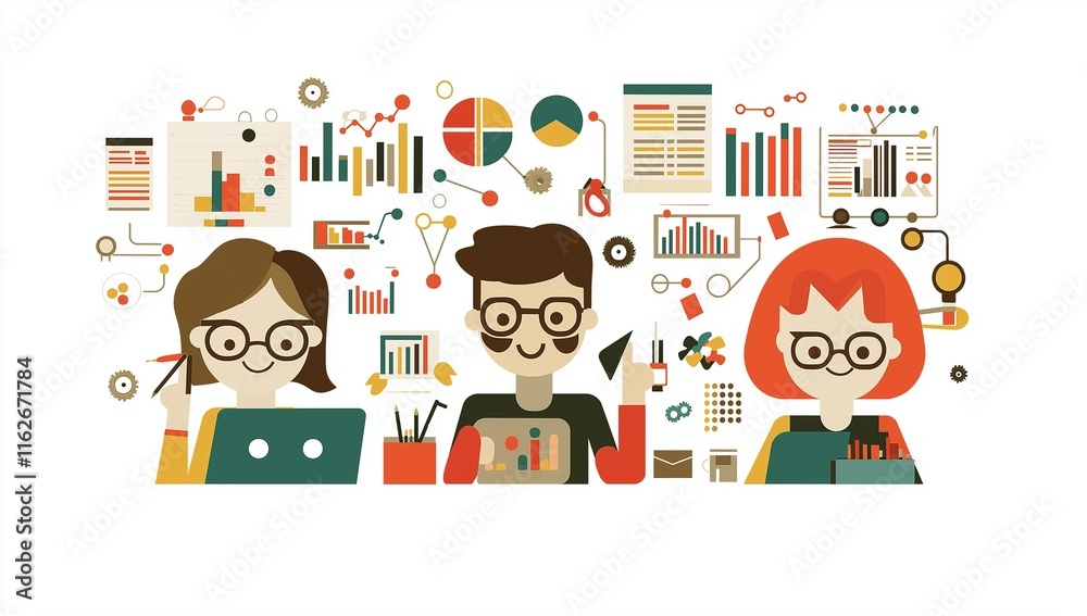 A flat vector illustration of three people working together in an office, surrounded by charts and graphs showing data analytics, with colorful icons representing different marketing services. A flat vector illustration of three people working together in an office, surrounded by charts and graphs showing data analytics, with colorful icons representing different marketing services.