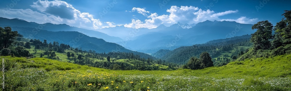 Obraz premium Idyllic green hill station with flowers and meadows