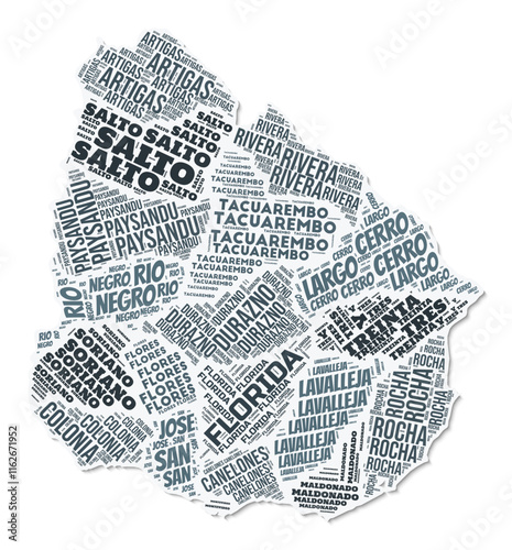 Uruguay shape text cloud. Country border with shadow on white background. Uruguay with regions division in vintage gazette style. Classy vector illustration.