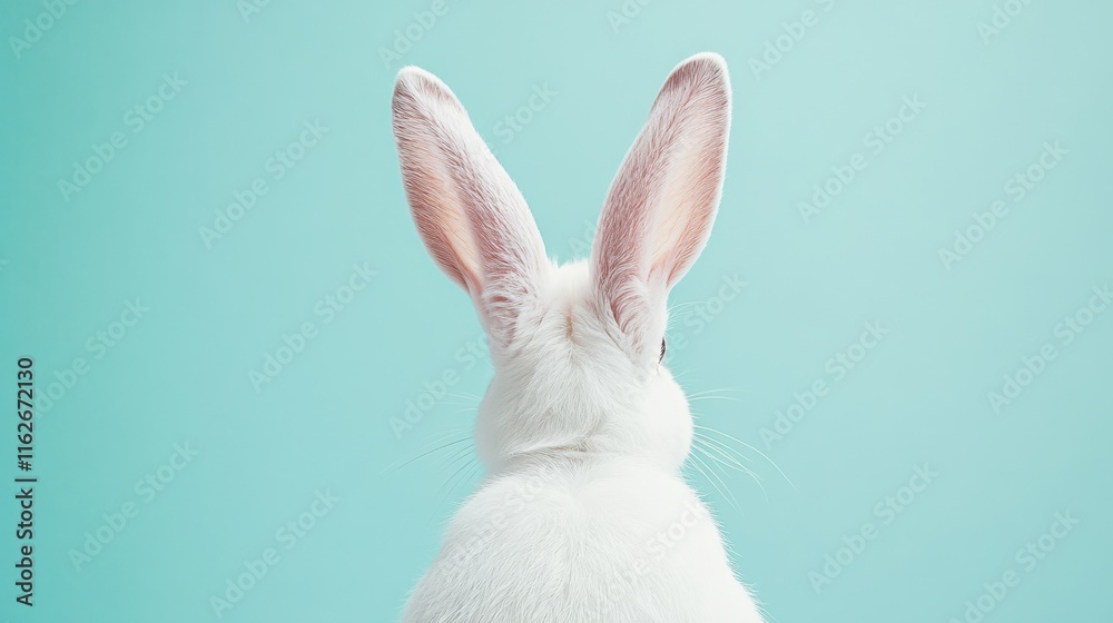Obraz premium White Rabbit Sitting Against Light Blue Background with Ears Up