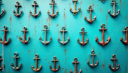 Rusty anchors arranged on a distressed turquoise wall. photo