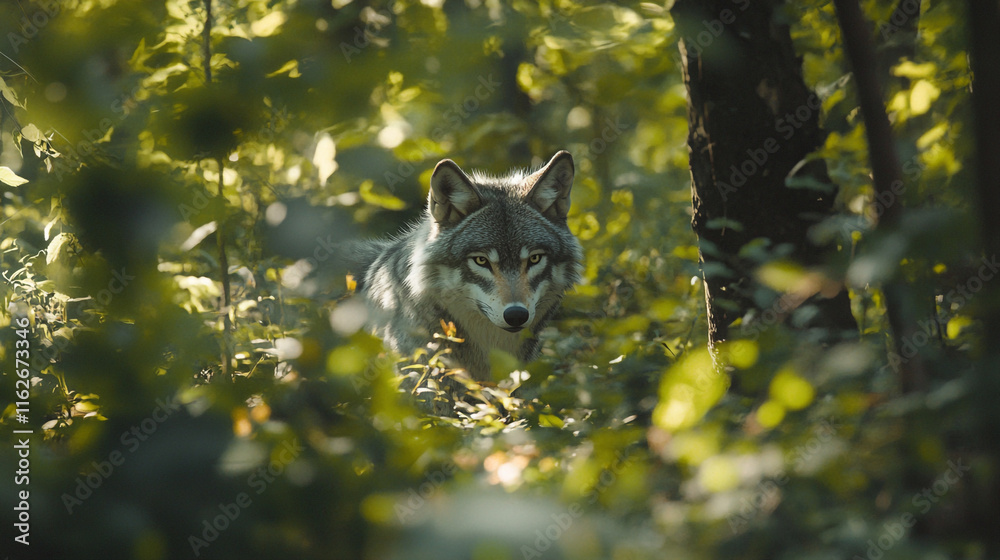 Wolf emerges from thick foliage in a forest during daylight hours in nature's serene setting