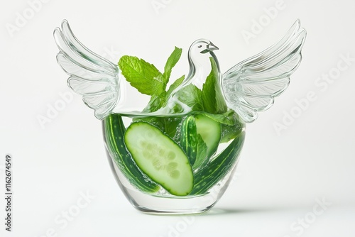 A dove-shaped glass spreading wings of peaceful cucumber mint water, serene and refreshing on white. photo