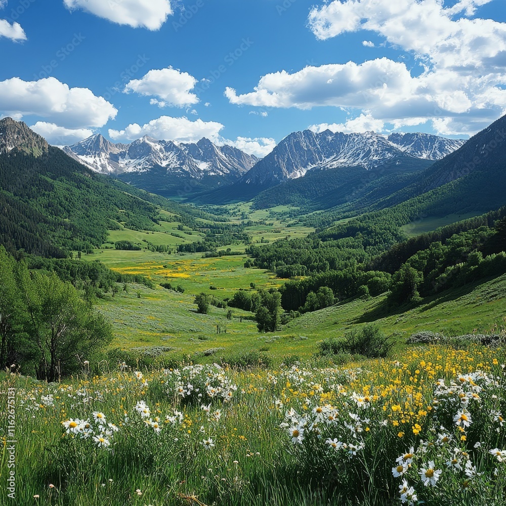 Idyllic green hill station with flowers and meadows Idyllic green hill station with flowers and meadows