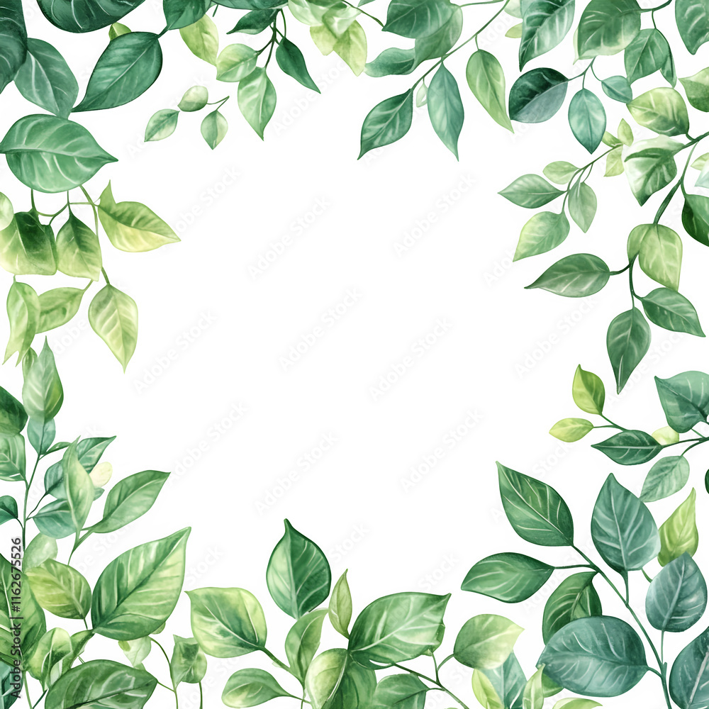 Watercolor painting creating a frame of green leaves on transparent background, perfect for spring and summer designs Watercolor painting creating a frame of green leaves on transparent background, perfect for spring and summer designs