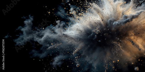 Explosion of black powder or smoke against a dark background.