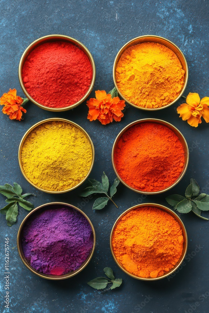 Vibrant holi celebration with artistic flatlay of gulal powders in brass bowls colorful festivity indoors creative perspective Vibrant holi celebration with artistic flatlay of gulal powders in brass bowls colorful festivity indoors creative perspective