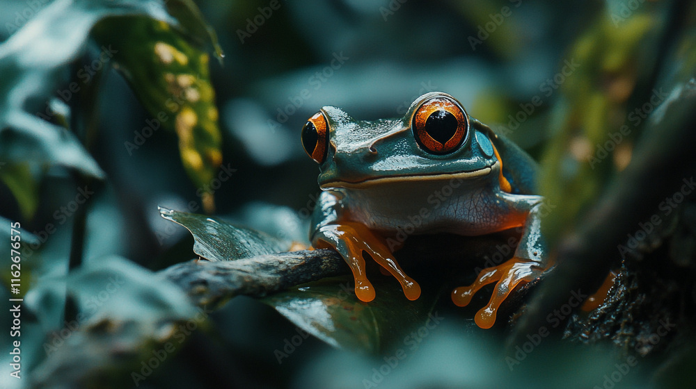 Colorful frog resting on leaves in a lush forest environment during the daytime Colorful frog resting on leaves in a lush forest environment during the daytime