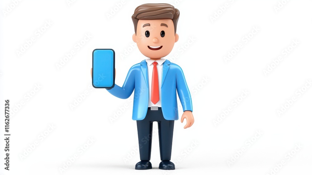 Executive cartoon figure presenting on big screen mobile digital presentation modern office engaging viewpoint business concept Executive cartoon figure presenting on big screen mobile digital presentation modern office engaging viewpoint business concept