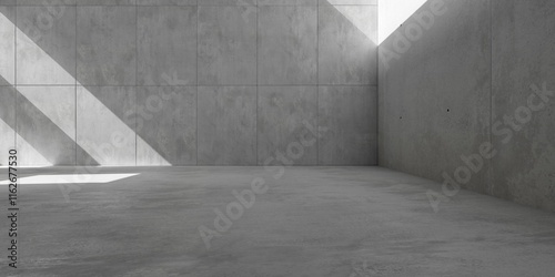 Abstract empty, modern concrete room with back wall panels, sunlight and rough floor - industrial interior background template