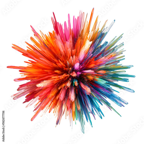 Vibrant paint particles bursting radially, generating explosive starburst pattern against transparent backdrop, ideal for graphic design applications