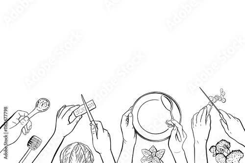 Cooking Class Vector Background with Human Hands Cook Food, Top View Template