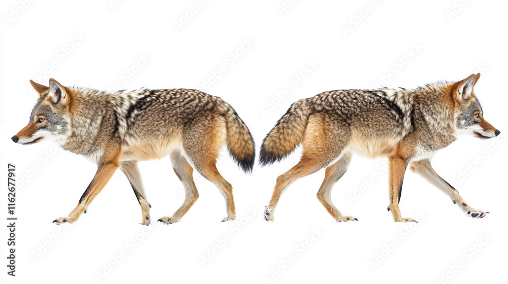 Fototapeta premium Coyotes walking side by side in a natural setting during daylight hours