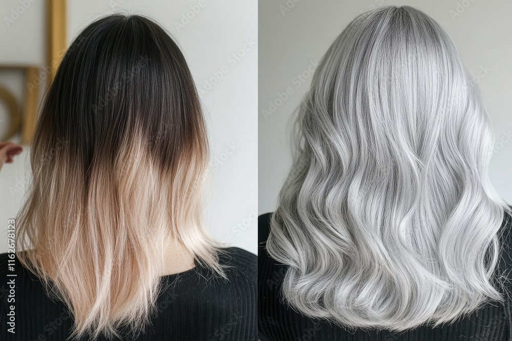 Naklejka premium A striking hair transformation showcases a shift from warm ombre tones to a cool silver finish with beautiful waves, highlighting the artistry of hair styling.