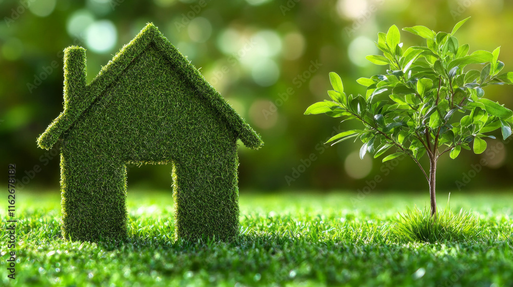 Eco green house icon with tree and lawn. Green cottage silhouette with garden plant, path and driveway, hedge and fence for landscaping service and real estate company emblem or ecology themes design Eco green house icon with tree and lawn. Green cottage silhouette with garden plant, path and driveway, hedge and fence for landscaping service and real estate company emblem or ecology themes design