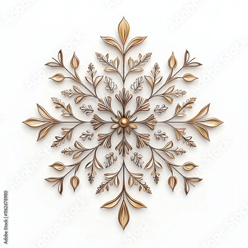 Intricate gold and silver snowflake design with delicate leaves and floral patterns, perfect for winter-themed decorations.