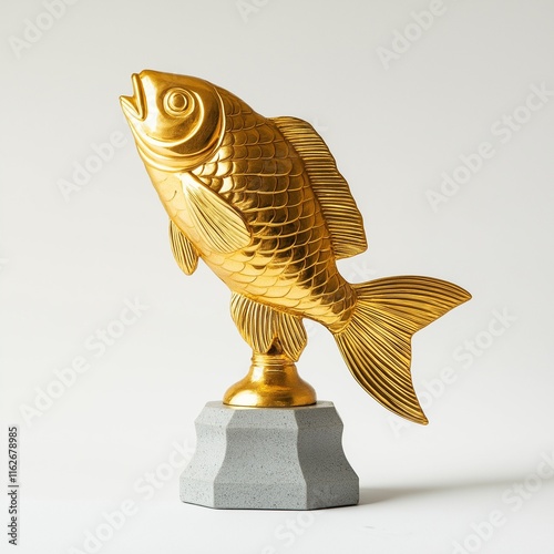 
A golden fish-shaped trophy with a gray marble base, on a white background.