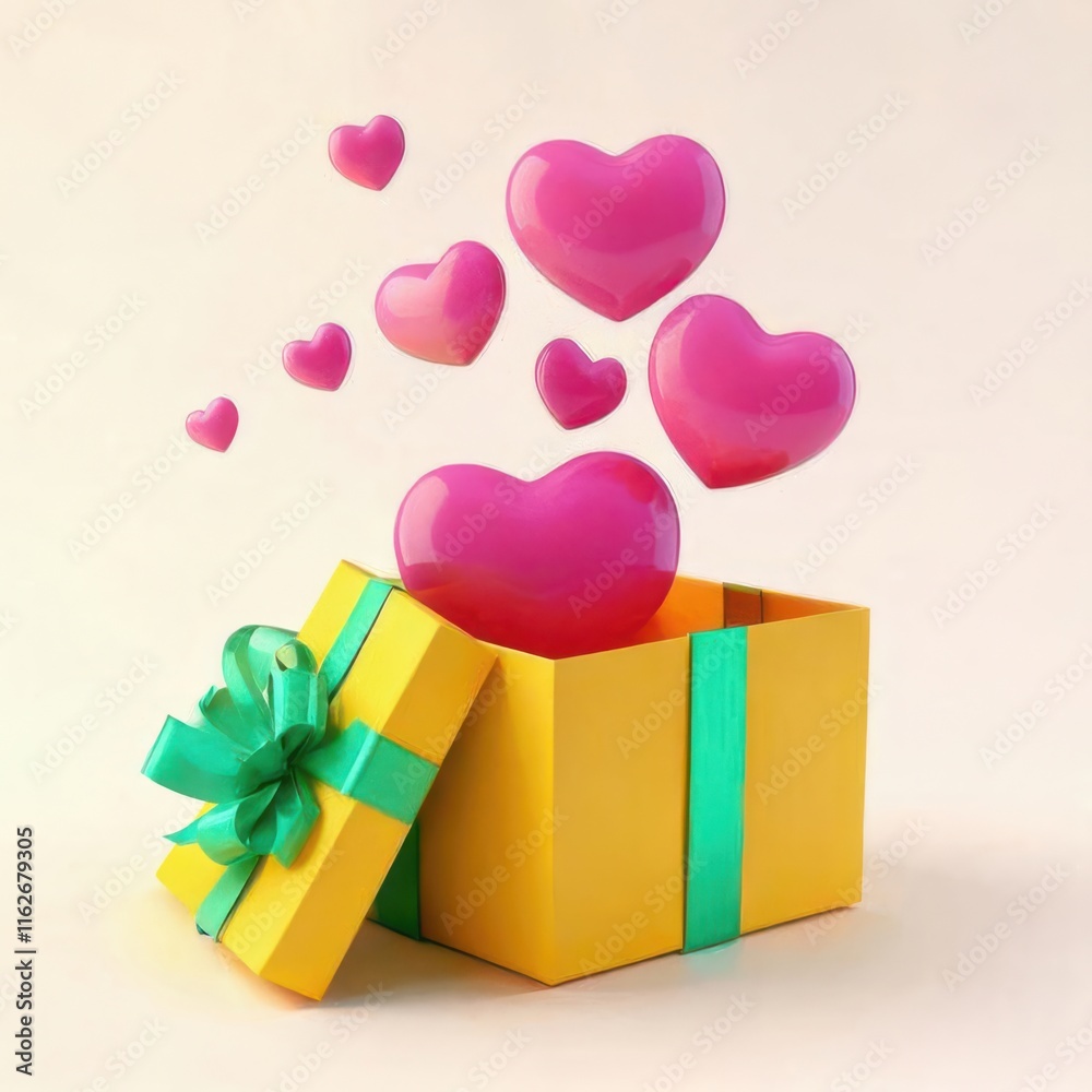 Naklejka premium A Bright Yellow Gift Box with a Mint Green Ribbon and Floating Pink Hearts, Perfect for Celebrations, Birthdays, and Special Occasions in a Clean Background