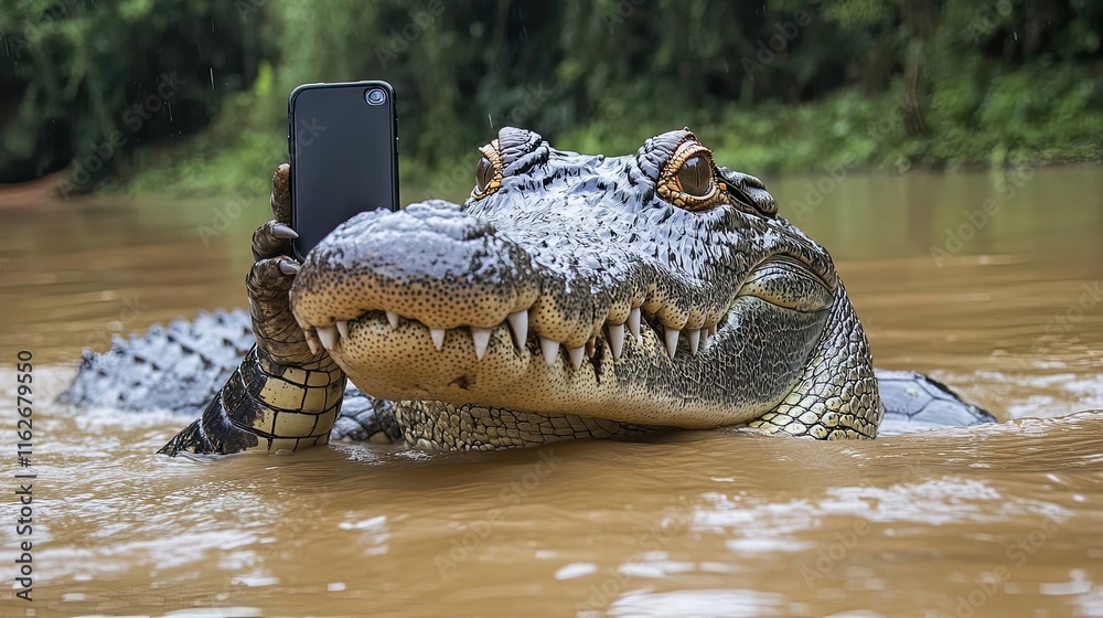 Obraz premium Alligator Using Smartphone In River Water