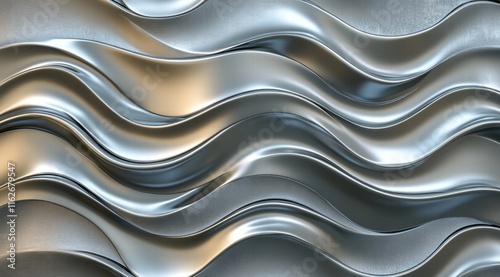 3D render of an abstract background with a wavy metal texture, featuring shiny bronze and silver colors