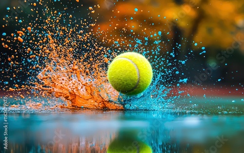 Tennis ball impacting surface, creating vibrant orange and blue paint splash. photo