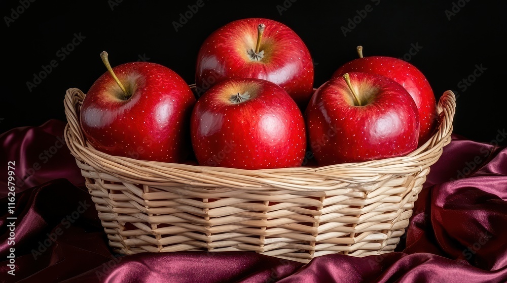 Chinese New Year's Eve Concept, Beautiful Arrangement of Vibrant Red Apples in a Woven Basket on a Silk Covered Table